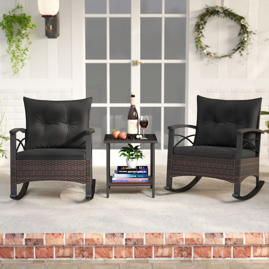 3 Piece Rocking Bistro Set PE Rattan Rocker Chairs with Acacia Wood Top Table-Black