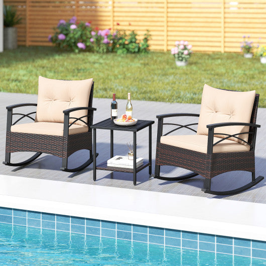 3 Piece Rocking Bistro Set PE Rattan Rocker Chairs with Acacia Wood Top Table-Beige