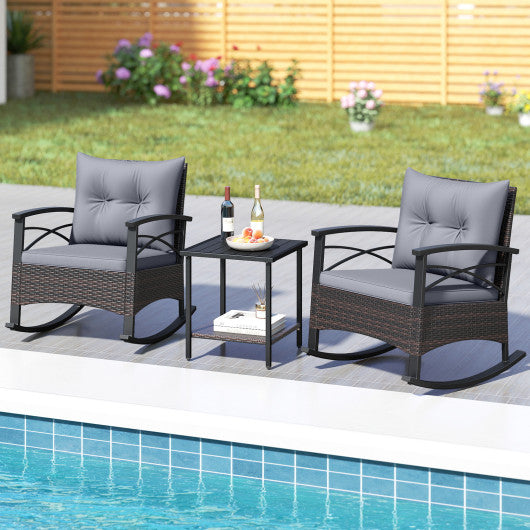 3 Piece Rocking Bistro Set PE Rattan Rocker Chairs with Acacia Wood Top Table-Gray
