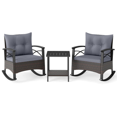 3 Piece Rocking Bistro Set PE Rattan Rocker Chairs with Acacia Wood Top Table-Gray
