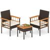 3 Piece Wicker Furniture Set with Acacia Wood Tabletop and Armrest for Balcony-White - White