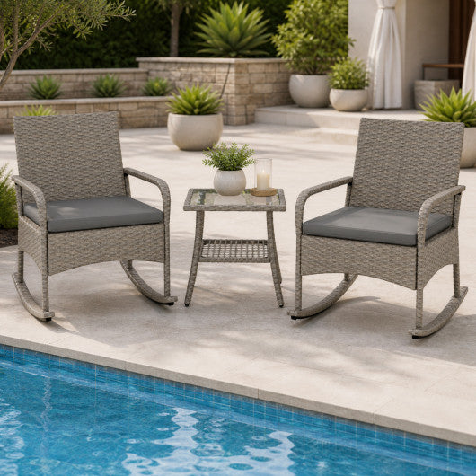 3-Piece Wicker Rocking Bistro Set with Cushions for Garden Backyard Porch-Gray