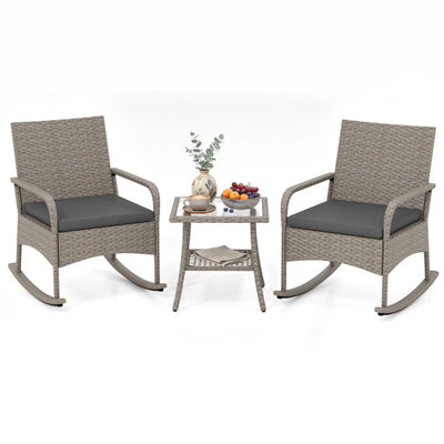 3-Piece Wicker Rocking Bistro Set with Cushions for Garden Backyard Porch-Gray