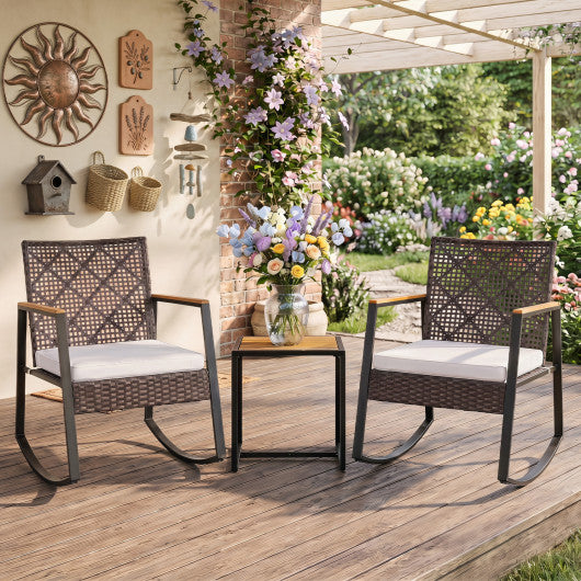 3-Piece Wicker Rocking Chair Set with Coffee Table and Cushions for Porch-Beige