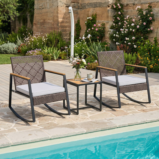 3-Piece Wicker Rocking Chair Set with Coffee Table and Cushions for Porch-Beige