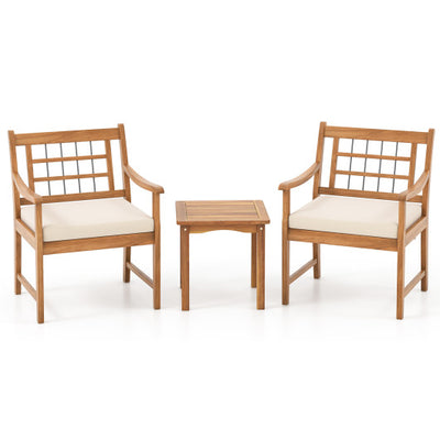 3 Piece Wood Patio Furniture Set with Seat Cushions and Acacia Wood Frame-White