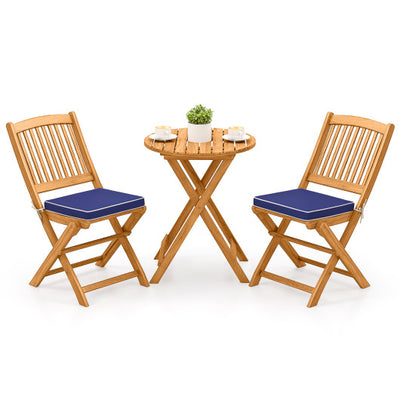 3 Pieces Acacia Wood Patio Folding Bistro Set with Soft Cushions-Navy