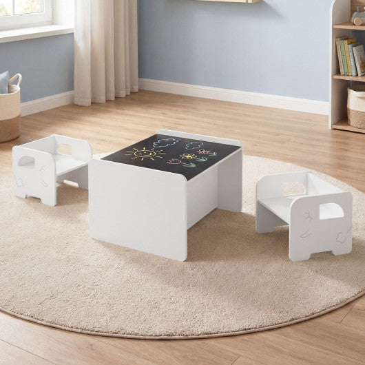 3 Pieces Kids Table and Chair Set with Space-saving Toddler Table and 2 Chairs-White