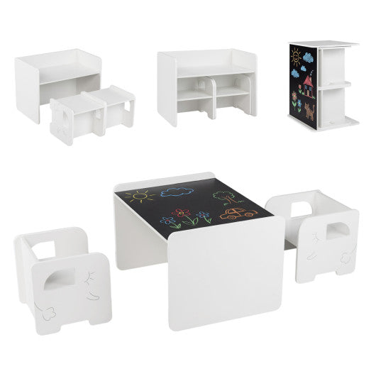 3 Pieces Kids Table and Chair Set with Space-saving Toddler Table and 2 Chairs-White