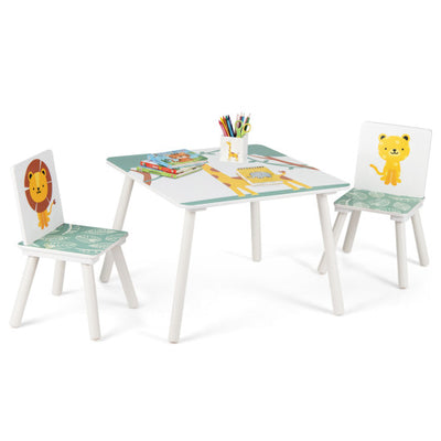 3 Pieces Kids Table and Chairs Set with Animal Patterns for Aged 3-6 Years Old
