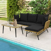 3 Pieces L-Shaped Patio Sofa with Cushions and Tempered Glass Table-Black