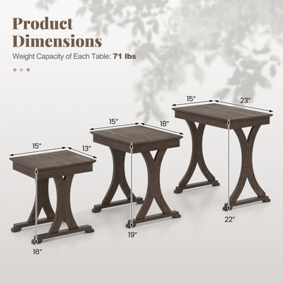 3 Pieces Nesting Coffee Table Side Table with Solid Rubber Wood Legs-Brown