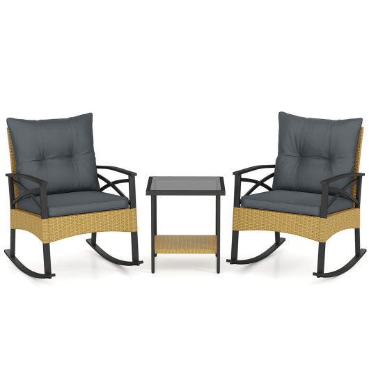 3 Pieces Outdoor Rattan Rocking Chairs Set with  2-Tier Side Table for Garden Backyard-Gray