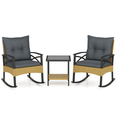 3 Pieces Outdoor Rattan Rocking Chairs Set with  2-Tier Side Table for Garden Backyard-Gray