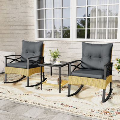3 Pieces Outdoor Rattan Rocking Chairs Set with  2-Tier Side Table for Garden Backyard-Gray
