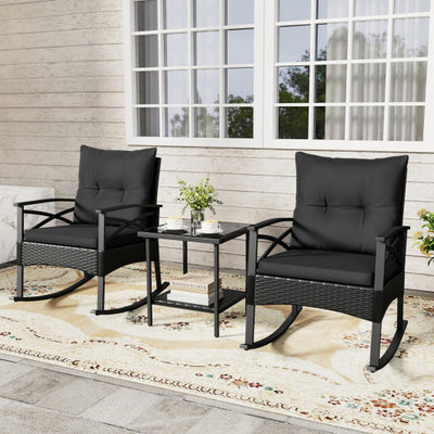 3 Pieces Outdoor Rattan Rocking Chairs Set with  2-Tier Side Table for Garden Backyard-Black