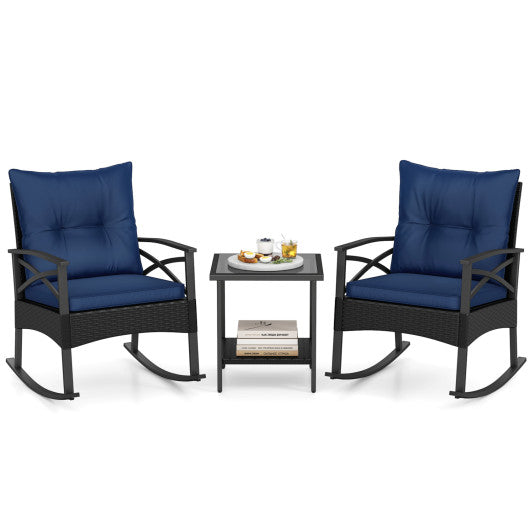 3 Pieces Outdoor Rattan Rocking Chairs Set with  2-Tier Side Table for Garden Backyard-Navy