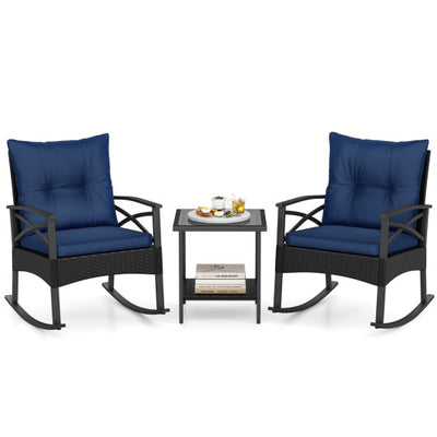 3 Pieces Outdoor Rattan Rocking Chairs Set with  2-Tier Side Table for Garden Backyard-Navy
