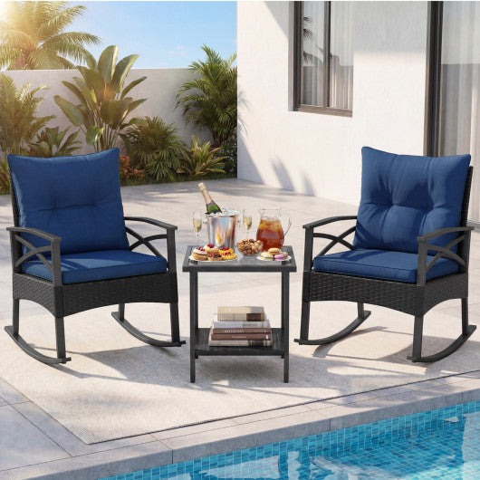 3 Pieces Outdoor Rattan Rocking Chairs Set with  2-Tier Side Table for Garden Backyard-Navy