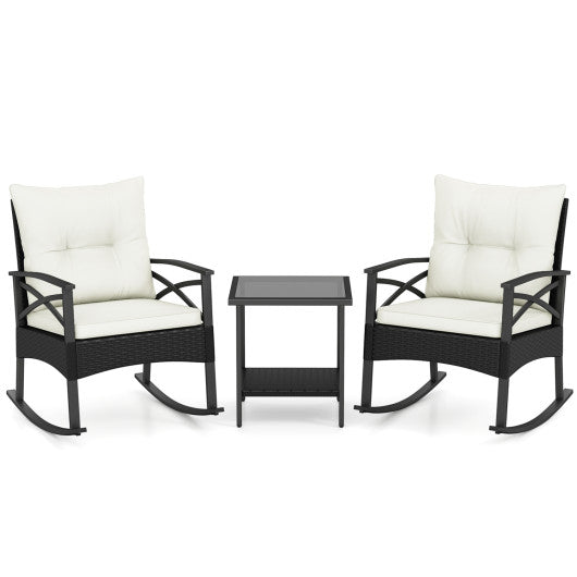 3 Pieces Outdoor Rattan Rocking Chairs Set with  2-Tier Side Table for Garden Backyard-White