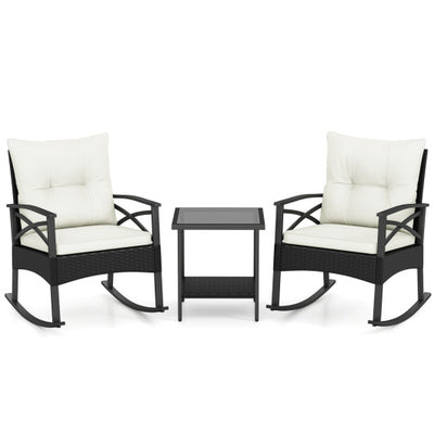 3 Pieces Outdoor Rattan Rocking Chairs Set with  2-Tier Side Table for Garden Backyard-White