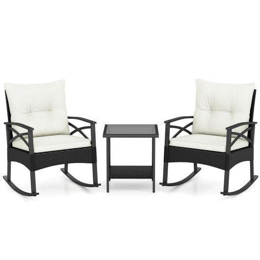 3 Pieces Outdoor Rattan Rocking Chairs Set with  2-Tier Side Table for Garden Backyard-White