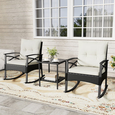 3 Pieces Outdoor Rattan Rocking Chairs Set with  2-Tier Side Table for Garden Backyard-White