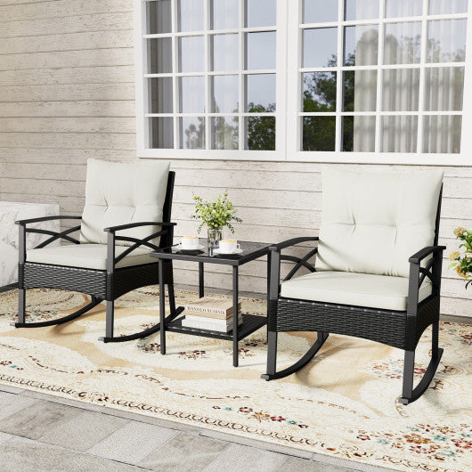 3 Pieces Outdoor Rattan Rocking Chairs Set with  2-Tier Side Table for Garden Backyard-White