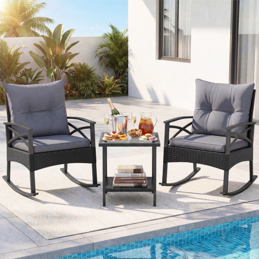 3 Pieces Outdoor Rattan Rocking Chairs Set with  2-Tier Side Table for Garden Backyard-Black and Gray