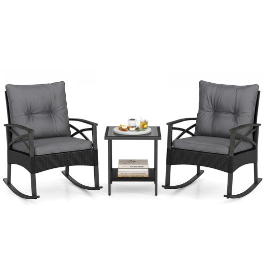 3 Pieces Outdoor Rattan Rocking Chairs Set with  2-Tier Side Table for Garden Backyard-Black and Gray