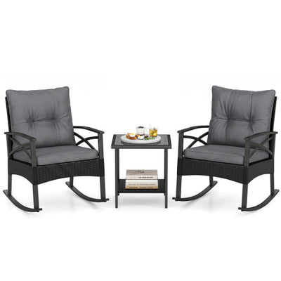 3 Pieces Outdoor Rattan Rocking Chairs Set with  2-Tier Side Table for Garden Backyard-Black and Gray