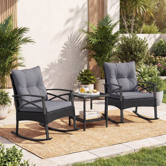 3 Pieces Outdoor Rattan Rocking Chairs Set with  2-Tier Side Table for Garden Backyard-Black and Gray