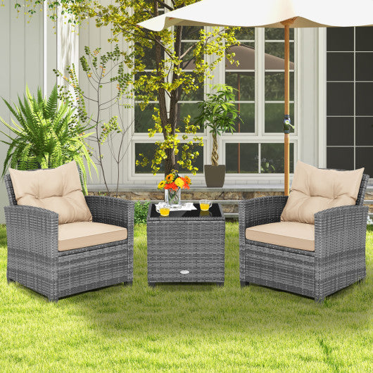 3 Pieces Outdoor Wicker Conversation Set with Tempered Glass Tabletop-Beige