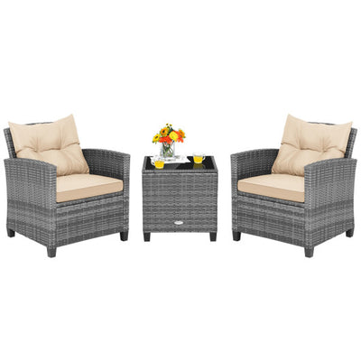 3 Pieces Outdoor Wicker Conversation Set with Tempered Glass Tabletop-Beige