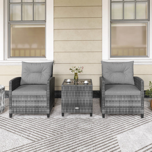 3 Pieces Outdoor Wicker Conversation Set with Tempered Glass Tabletop-Gray