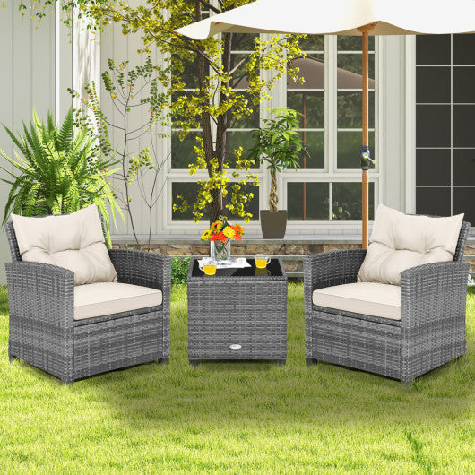 3 Pieces Outdoor Wicker Conversation Set with Tempered Glass Tabletop-White