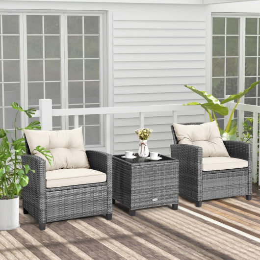 3 Pieces Outdoor Wicker Conversation Set with Tempered Glass Tabletop-White