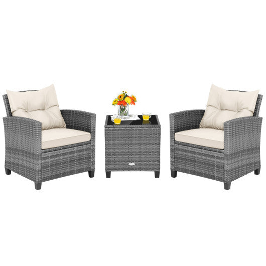 3 Pieces Outdoor Wicker Conversation Set with Tempered Glass Tabletop-White