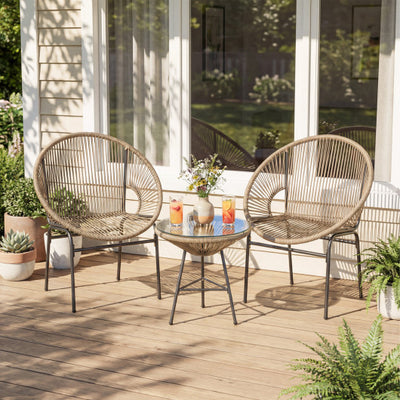 3 Pieces Patio Acapulco Furniture Bistro Set with Glass Table-Brown
