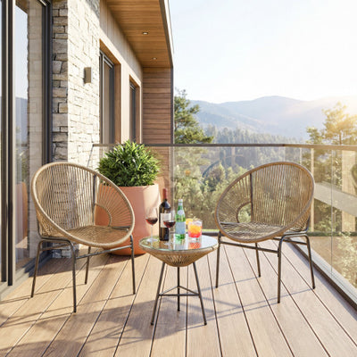 3 Pieces Patio Acapulco Furniture Bistro Set with Glass Table-Brown