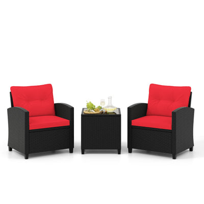 3 Pieces Patio Furniture Set with Tempered Glass Coffee Table-Red