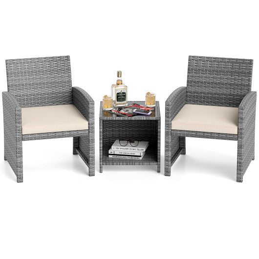 3 Pieces Patio Furniture Set with Tempered Glass Coffee Table and Soft Seat Cushions-White