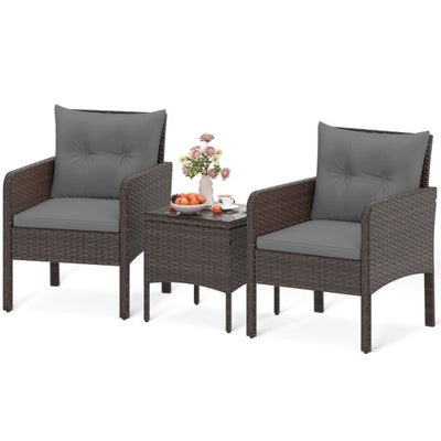 3 Pieces Patio PE Wicker Furniture Set with Cushions  for Porch and Balcony-Gray