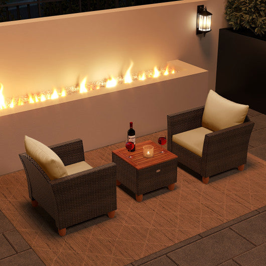 3 Pieces Patio PE Wicker Furniture Set with Cushions and Acacia Wood Storage Coffee Table-Beige