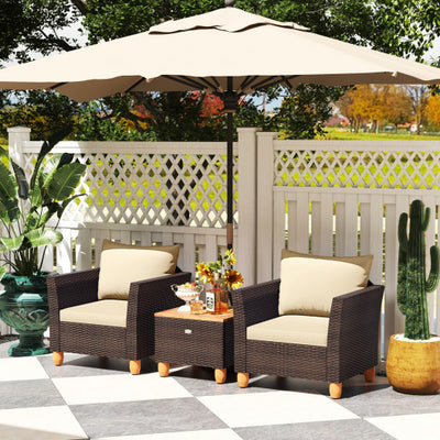 3 Pieces Patio PE Wicker Furniture Set with Cushions and Acacia Wood Storage Coffee Table-Beige