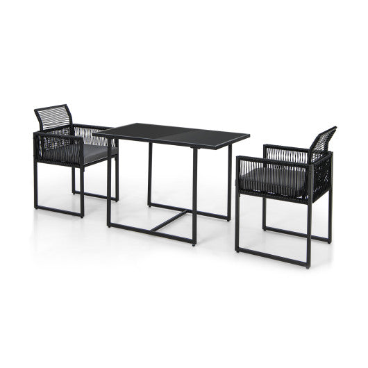 3 Pieces Outdoor Dining Set with Folding Backrest and Seat Cushions-Gray