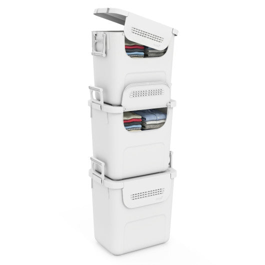 3 Pieces Plastic Storage Bins Stackable with Front Door and Side Handles-White