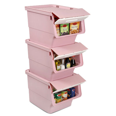 3 Pieces Storage Bins on Wheels Stackable Plastic Boxes with Stay-Open Lid (M)-Pink