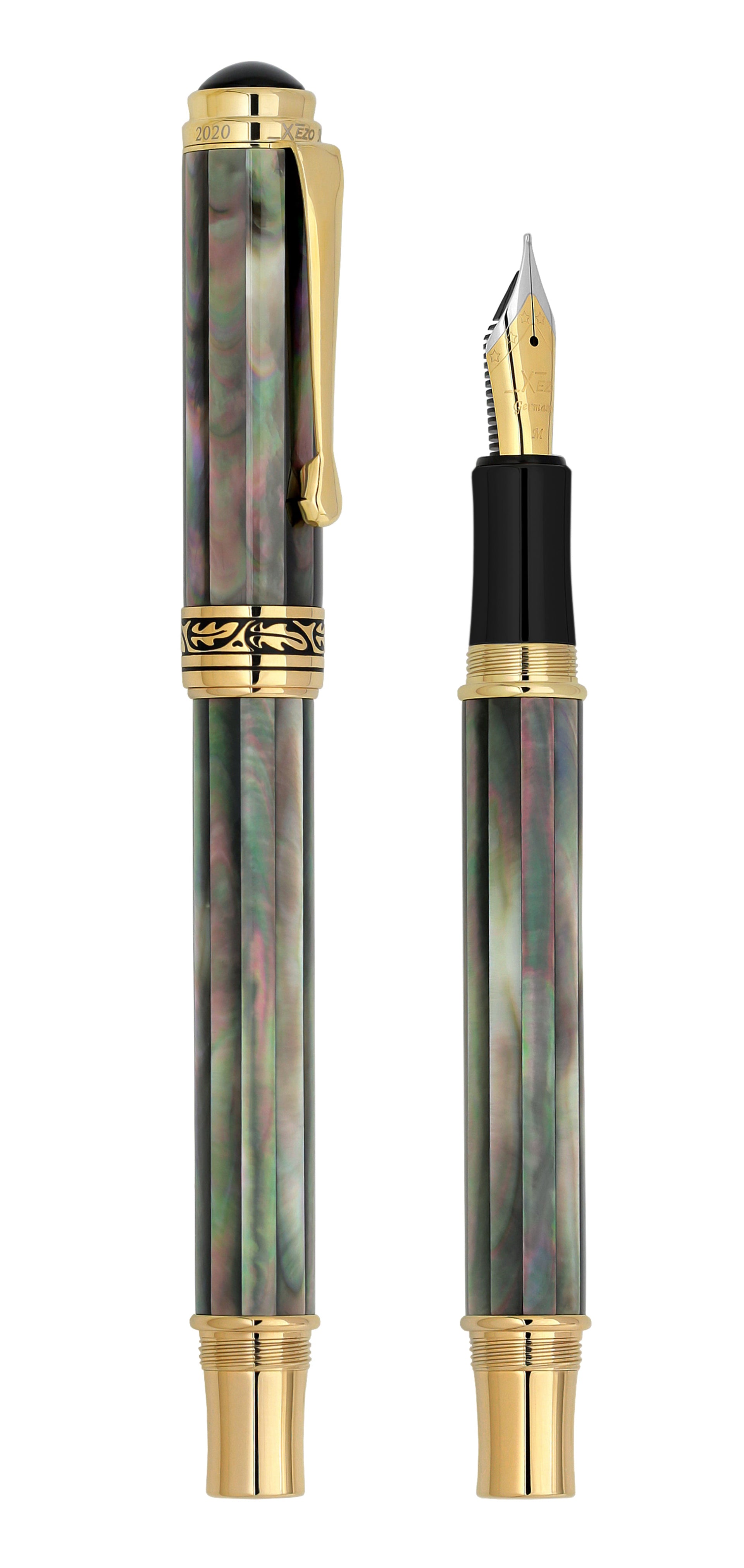 Maestro® Oceanic White Mother of Pearl Fountain Pen (Medium Nib) and Tahitian Black Mother of Pearl Rollerball Pen Set - 18K Gold and Pure Platinum Plated