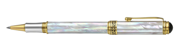 Maestro® Oceanic White Mother of Pearl Fountain Pen (Medium Nib) and Tahitian Black Mother of Pearl Rollerball Pen Set - 18K Gold and Pure Platinum Plated